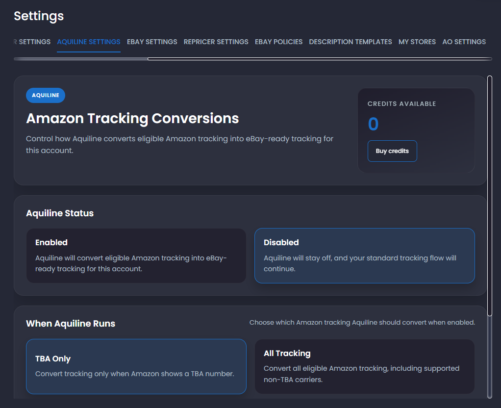 Aquiline Settings with status, tracking options, available credits, and Buy credits