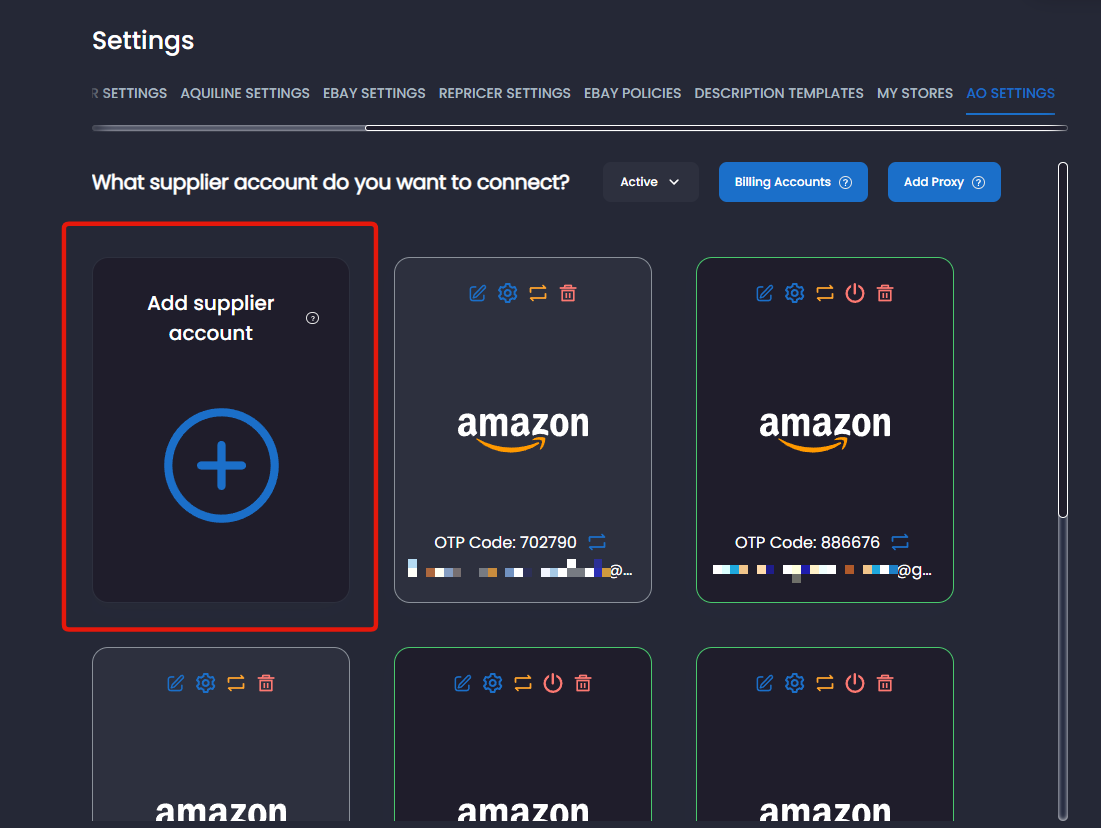AO Settings with Add supplier account highlighted.