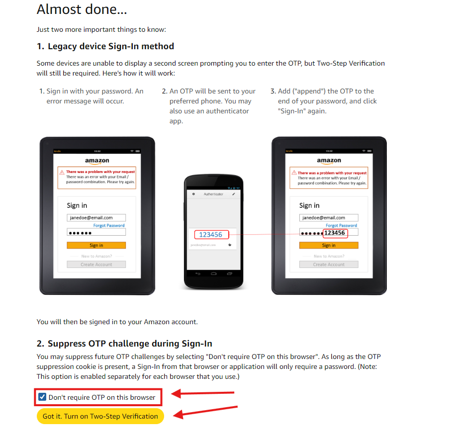 The Amazon Almost done page with the browser checkbox and Turn on Two-Step Verification button highlighted.