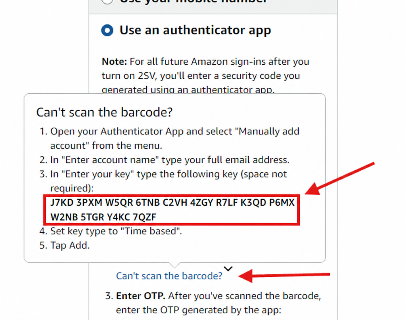Amazon authenticator setup with Can’t scan the barcode highlighted.