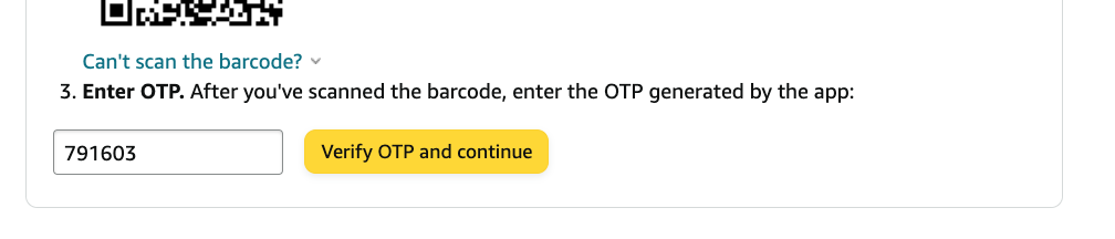 The Amazon verification field with an OTP code entered.