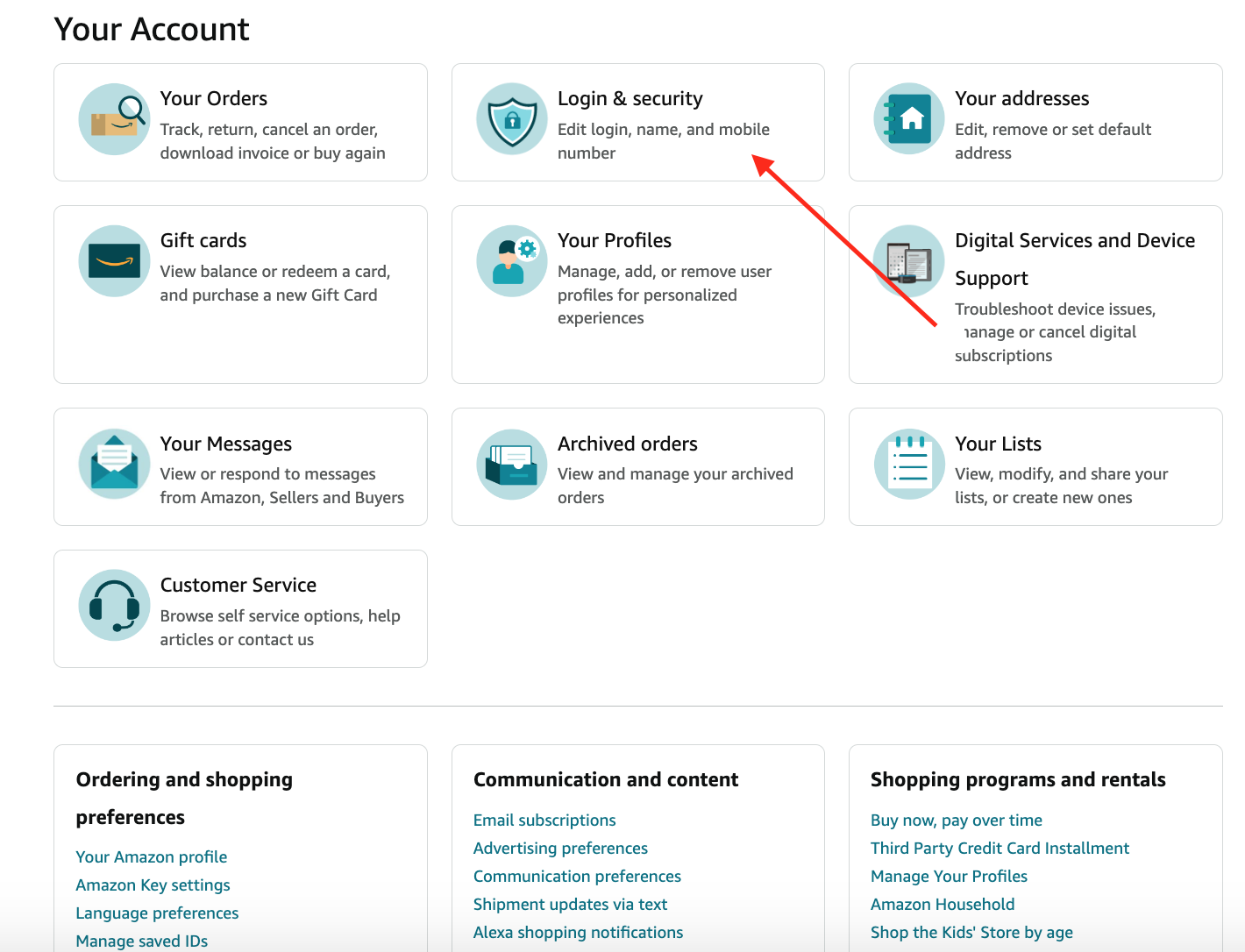 The Amazon account page with Login and security highlighted.