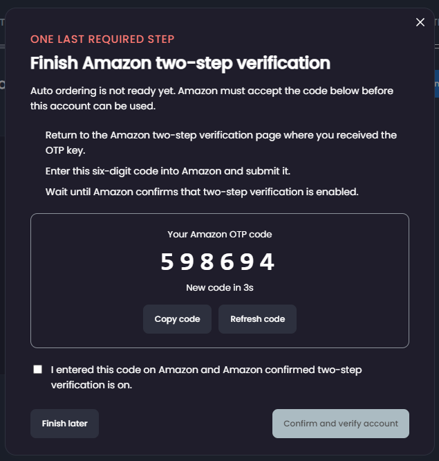 The Finish Amazon two-step verification modal displaying the Amazon OTP code and confirmation controls.