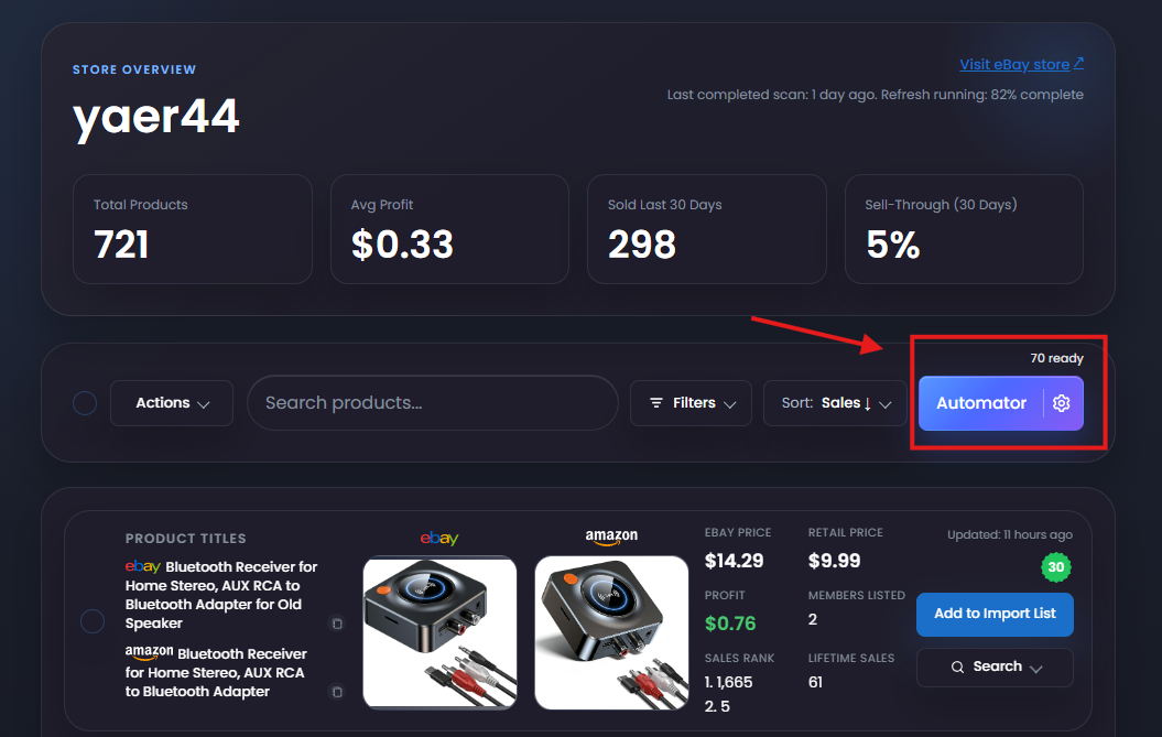 The Automator button, number of matching products, and gear icon inside an Item Finder store.
