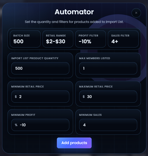 The Automator window showing the product quantity and criteria for a custom run.