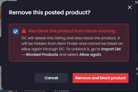 The removal window with Remove and block selected.
