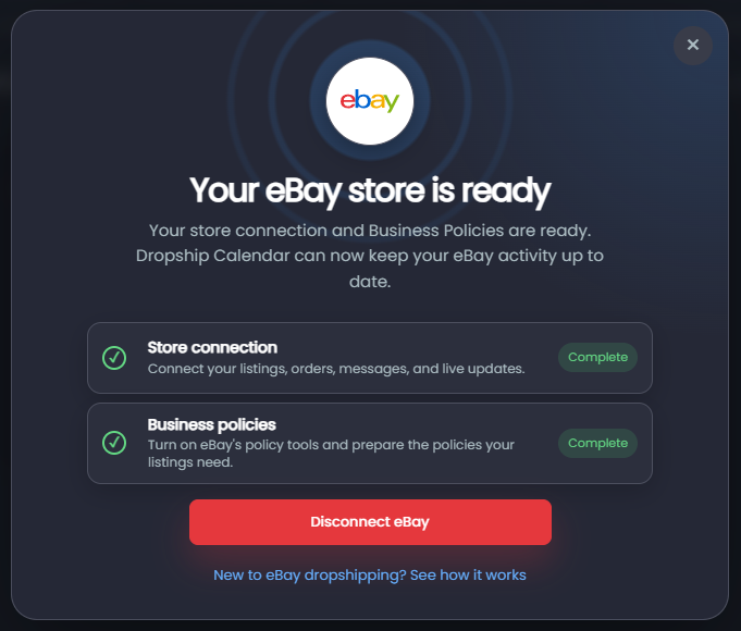 The completed eBay setup window with Store connection and Business policies marked Complete.