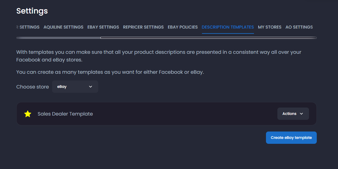 The Description Templates settings page with an existing template and the Create eBay template button.