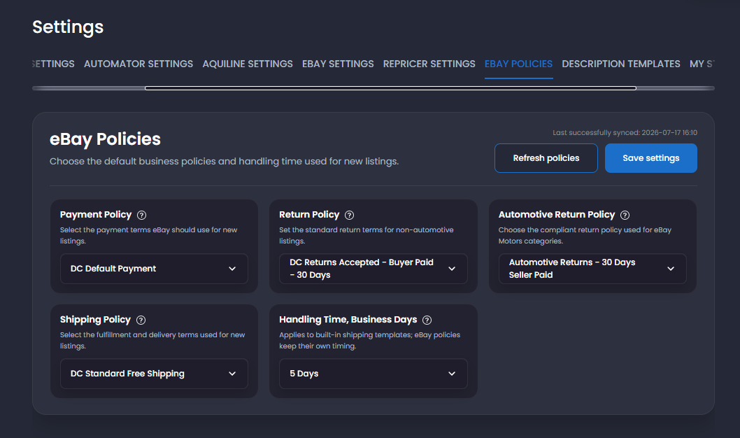 eBay Policies settings with Refresh policies, policy selections, and handling time