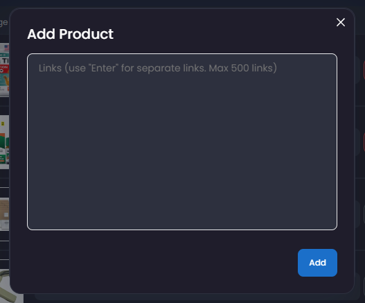 Add Product window for pasting Amazon product links