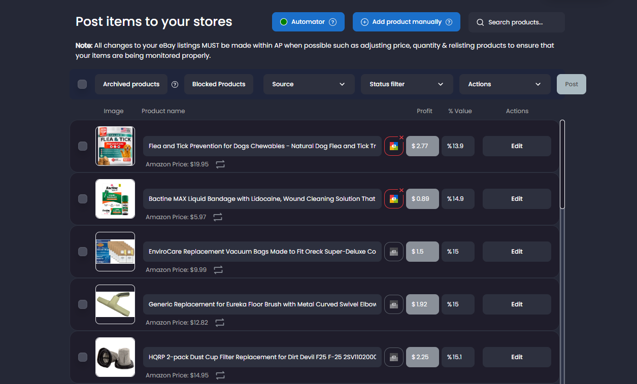 Import List with filters, product rows, profit values, and editing actions