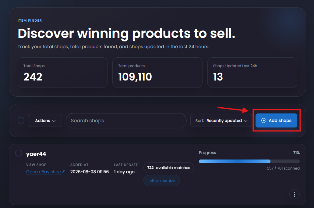 The Item Finder store list with the Add shops button highlighted.