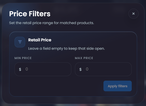 The Price Filters window with minimum and maximum retail price fields.