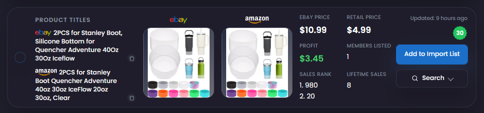 A complete Item Finder product card with matched eBay and supplier information, product metrics, and actions.