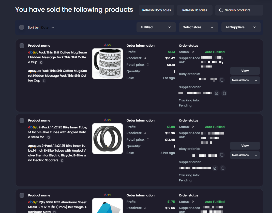 My Orders with order information, fulfillment status, supplier details, tracking, and filters