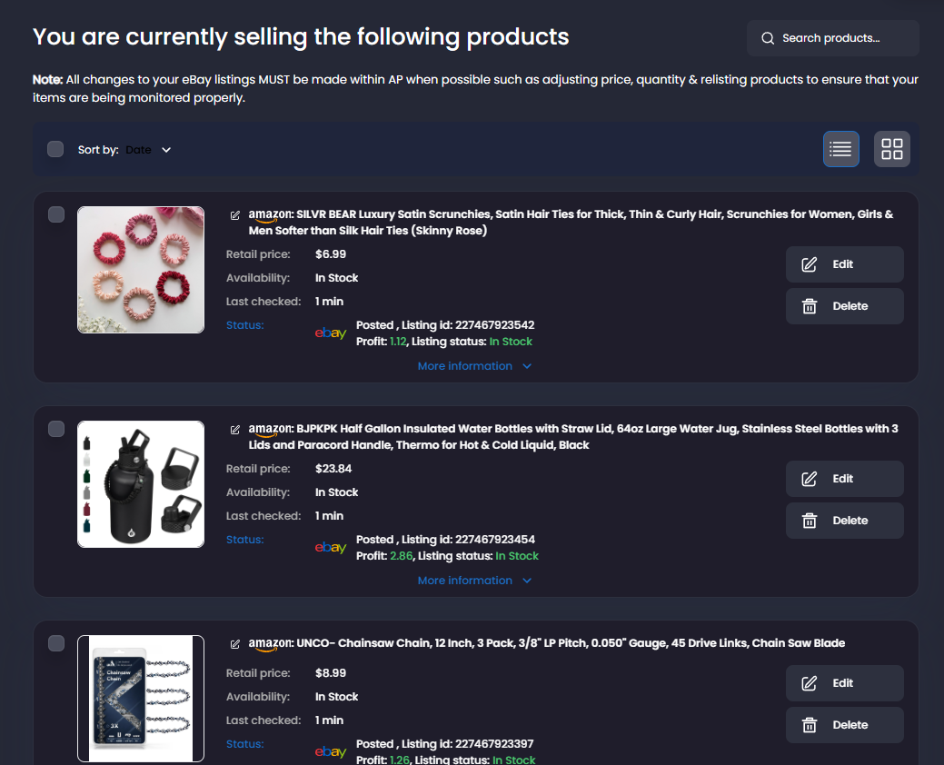 My Products with live eBay listings, availability, profit, status, and actions