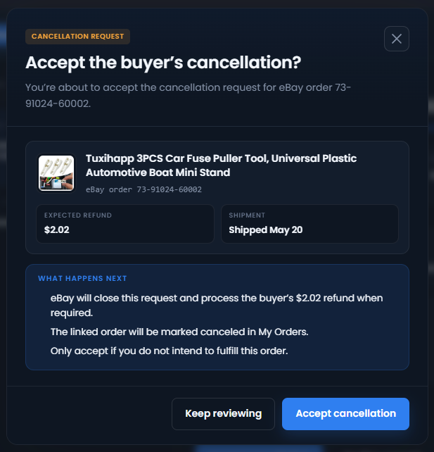 The confirmation shown before accepting a buyer’s cancellation request.