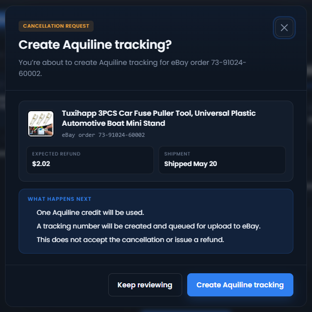 The confirmation shown before creating Aquiline tracking for the order.