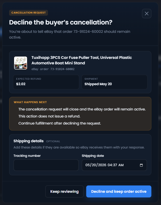 The confirmation and optional shipping details shown before declining a buyer’s cancellation request.