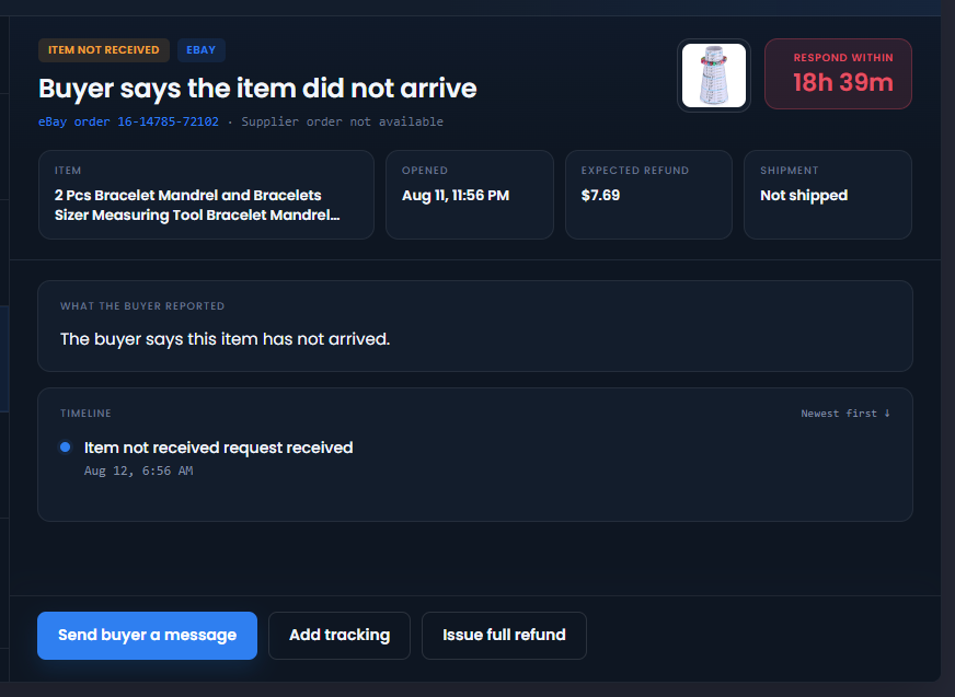 An open item not received request showing the order summary, response deadline, timeline, and available actions.