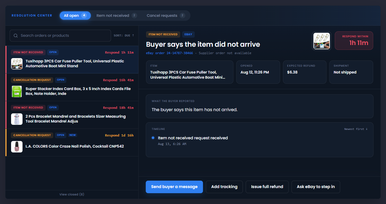 Resolution Center showing open item not received and cancellation requests.
