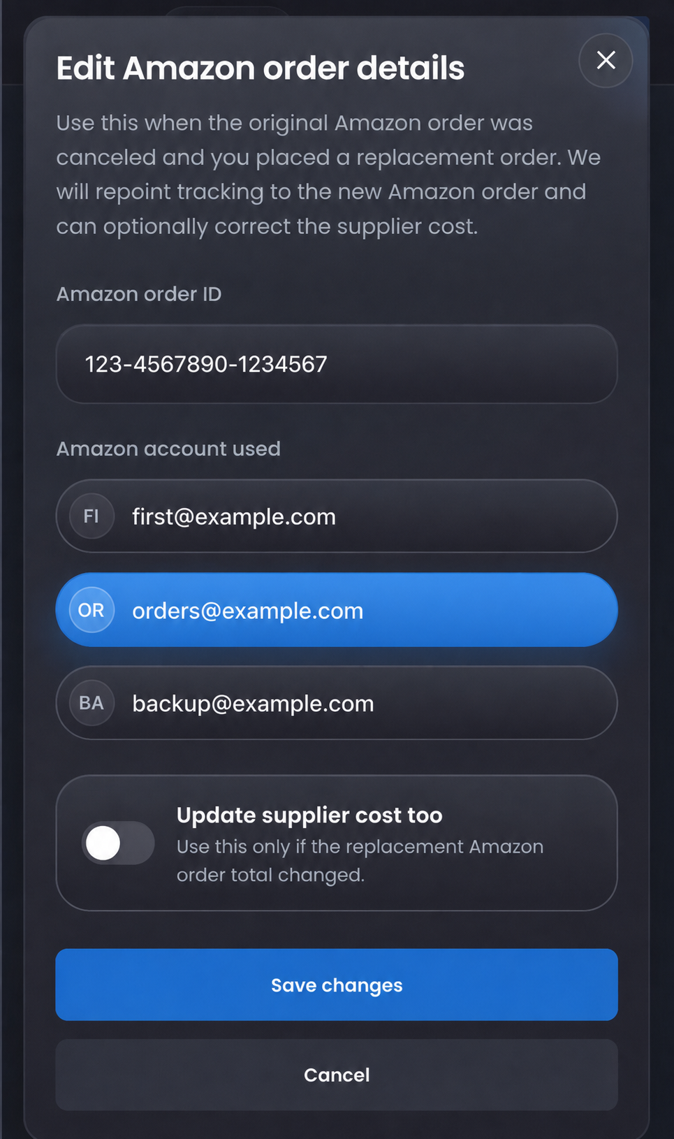 Edit the Amazon order details with a replacement order ID and the Amazon account used.