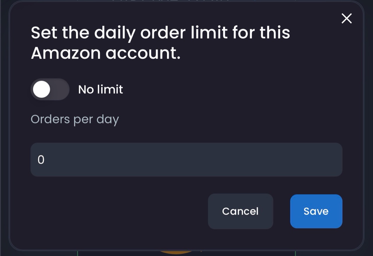 Set the Amazon account daily order limit to zero while No limit is disabled.